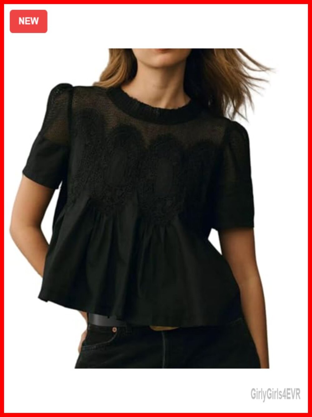 VAOYIU Women's Lace Detail Flared Blouse Short Sleeve Crew Neck Cotton Poplin